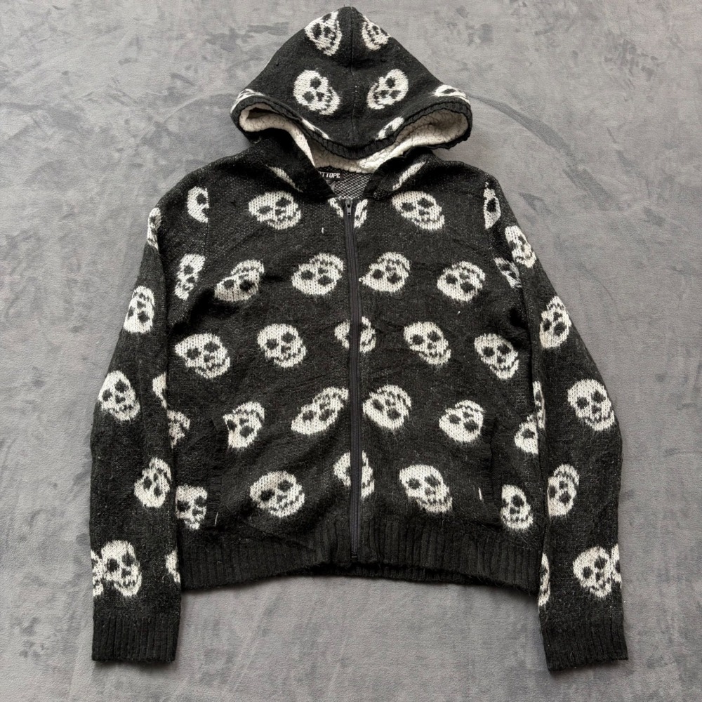 Hot Topic Skull Knit Zip Up Hoodie Sherpa Lined Black White Goth Emo Large